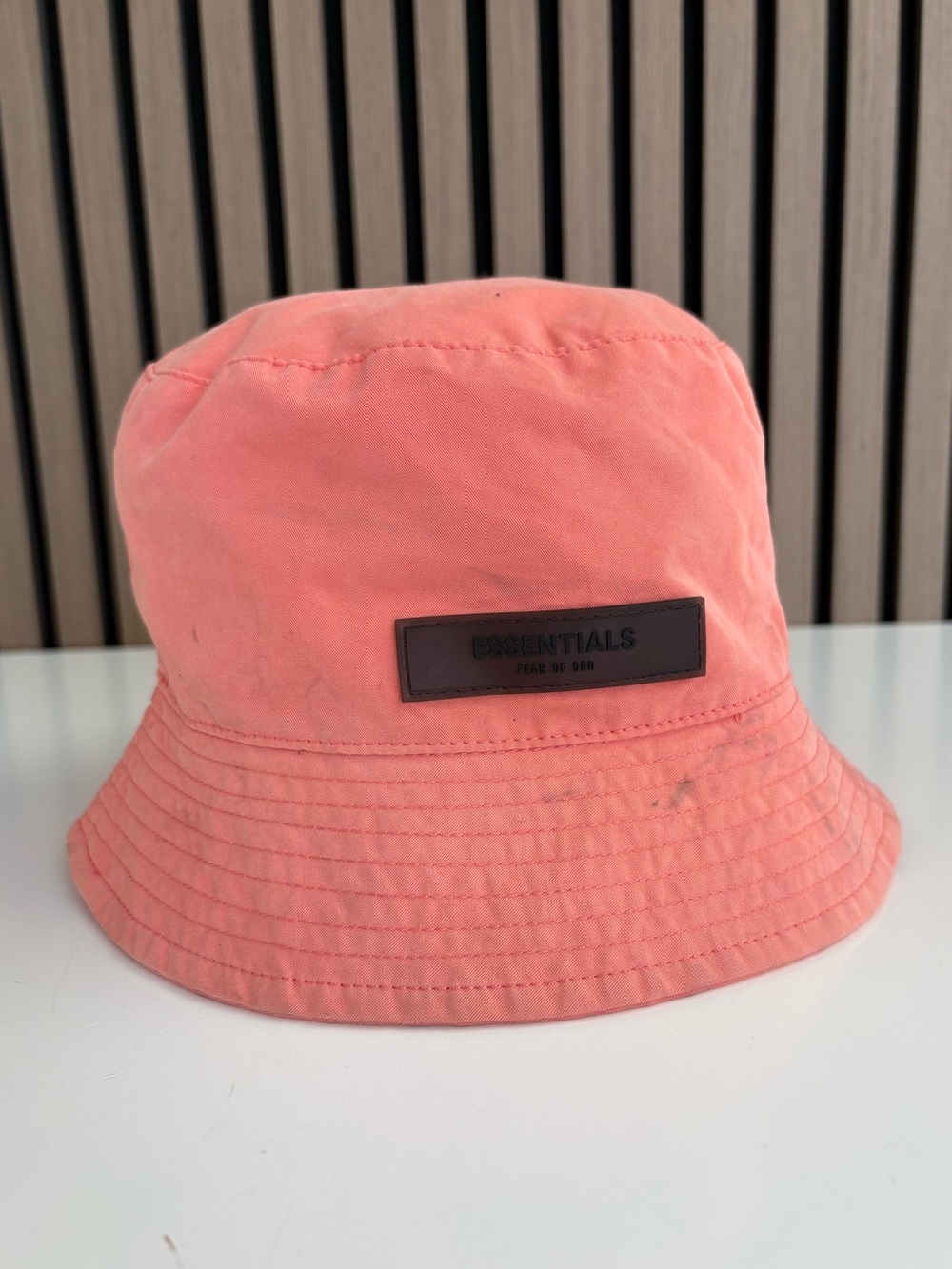 Essentials Coral Pink Leather Patch Bucket Hat